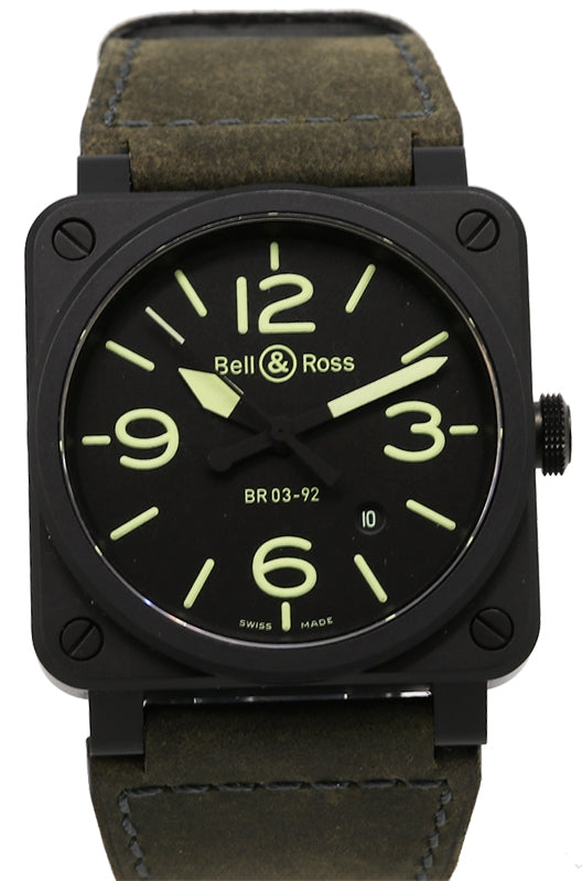 Bell & Ross Nightlum Matt Black Dial & Ceramic Bezel Leather Strap BR 03-92 PRE-OWNED
