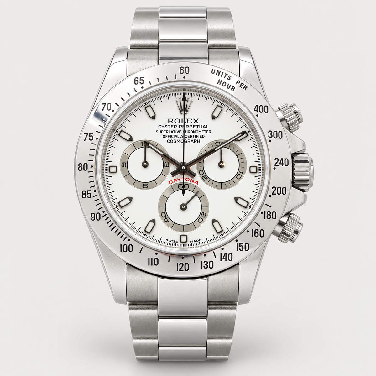 AI-generated reference illustration: Rolex Daytona 116520 white dial, steel bezel, studio view.