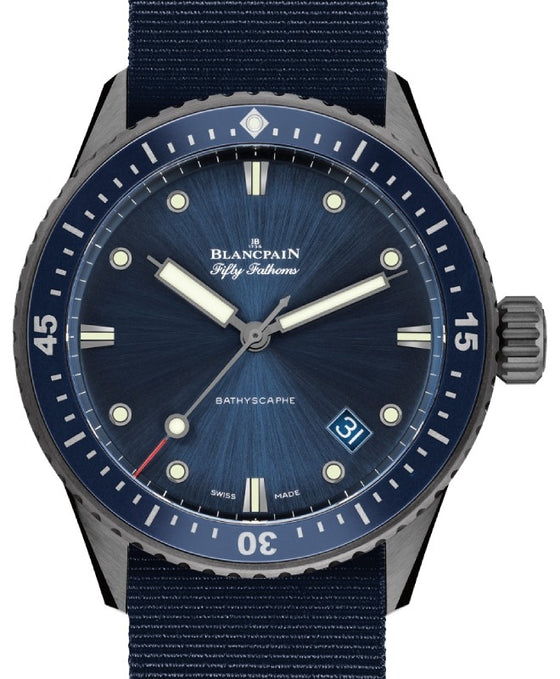 Blancpain Fifty Fathoms Bathyscaphe Ceramic 43.6mm Blue Dial NATO Strap 5000 0240 NAOA - BRAND NEW