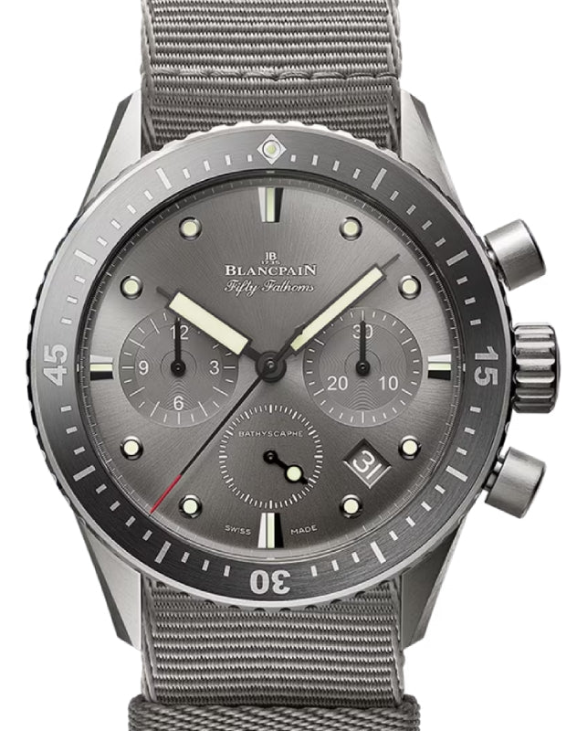 Blancpain Fifty Fathoms Bathyscaphe Chronographe Flyback Titanium 43mm Grey Dial NATO 5200 1210 NAGA - BRAND NEW