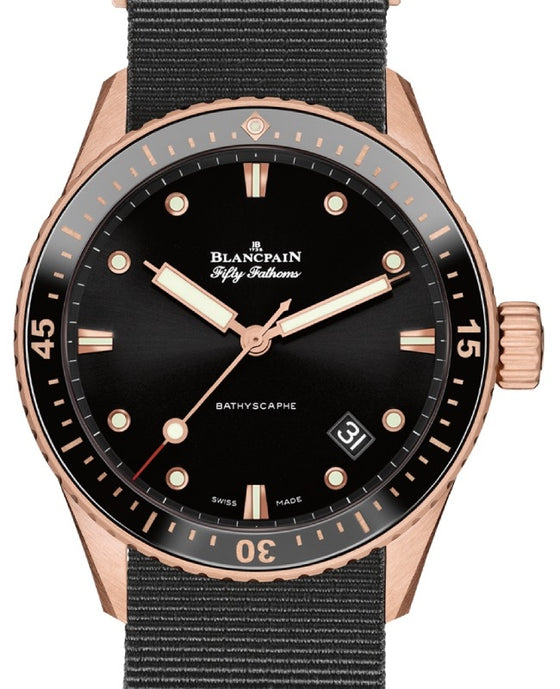 Blancpain Fifty Fathoms Bathyscaphe Sedna Gold 43mm Black Dial NATO Strap 5000 36S30 NABA - BRAND NEW