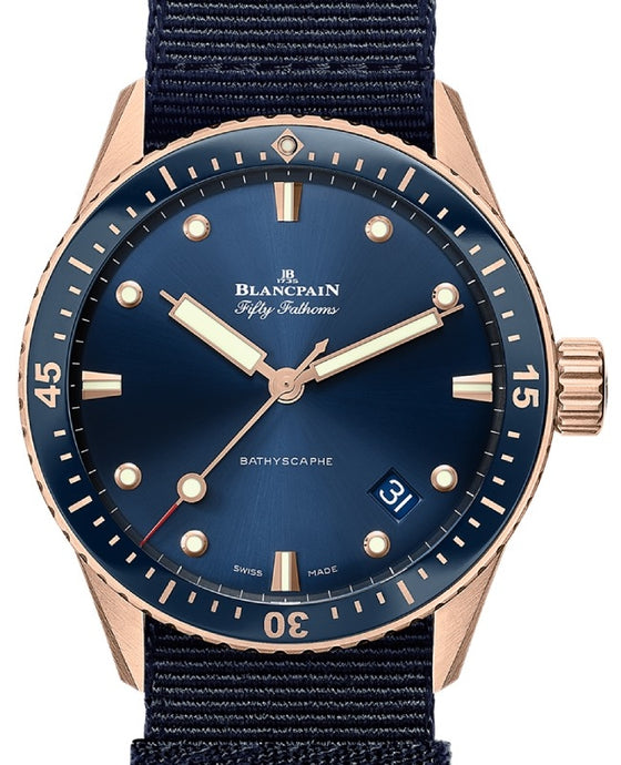Blancpain Fifty Fathoms Bathyscaphe Sedna Gold 43mm Blue Dial NATO Strap 5000 36S40 NAOA - BRAND NEW