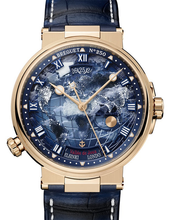 Breguet Marine Hora Mundi 5555 Gold 43.9mm/Leather Galvanic Blue Dial 5555BH/YS/9WV