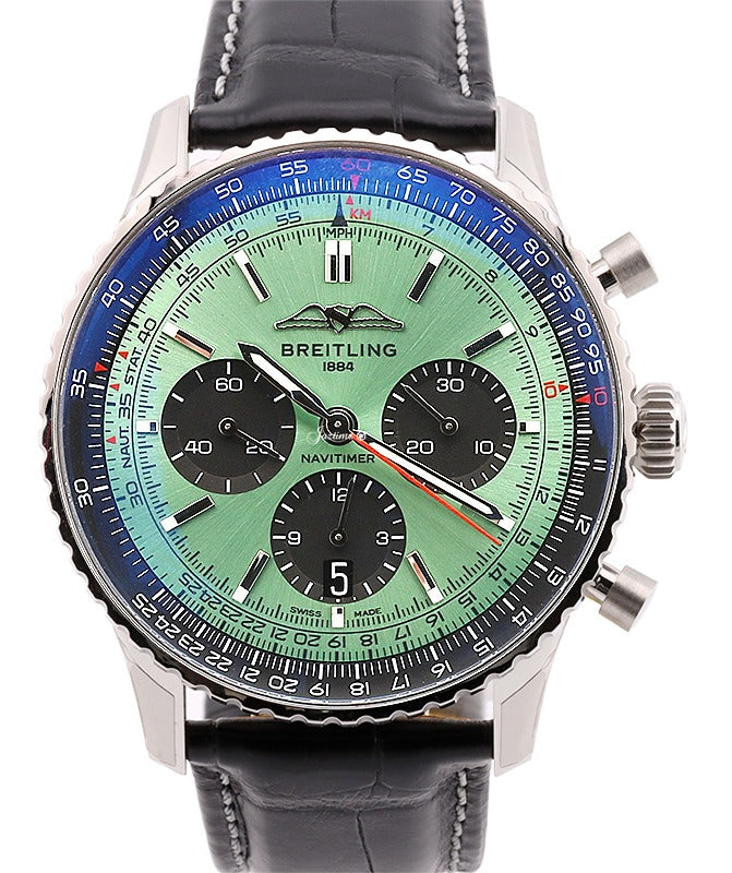 Breitling Navitimer B01 Chronograph 43 Stainless Steel Mint Green Dial Leather Strap AB0138241L1P1 - BRAND NEW