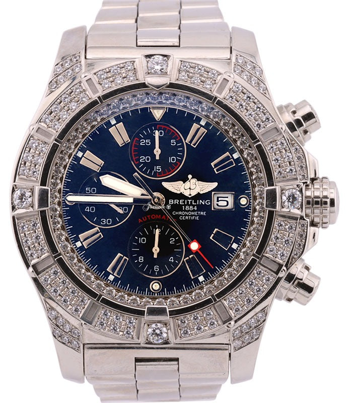 Breitling Super Avenger A13370 48mm Black Baton Stainless Steel Custom Diamond