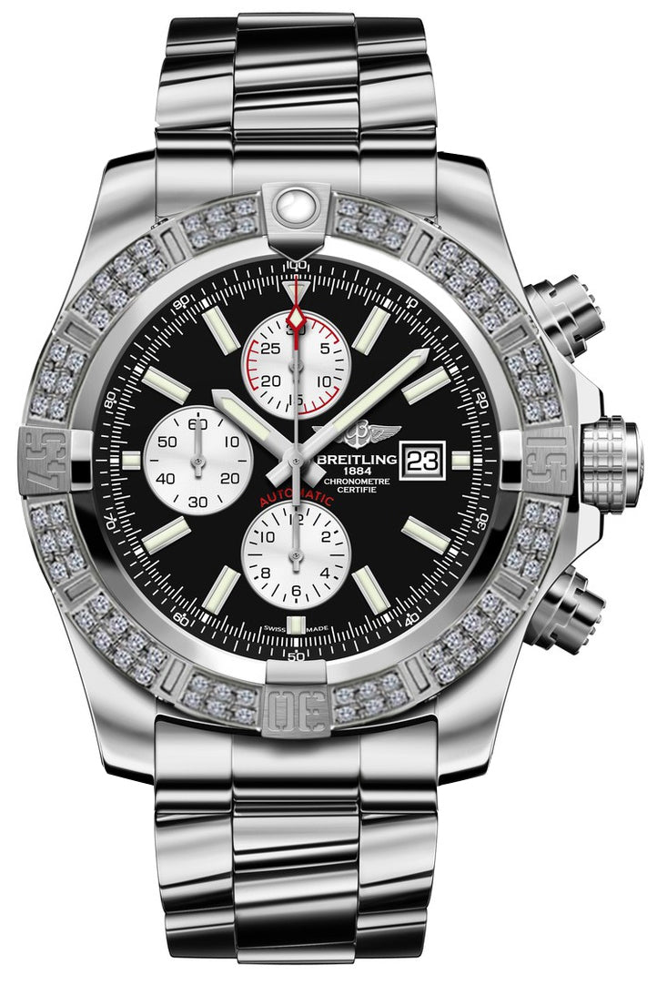 BREITLING SUPER AVENGER II BLACK DIAL FACTORY DIAMOND BEZEL 48mm STAINLESS STEEL A1337153/BC29-168A BRAND NEW