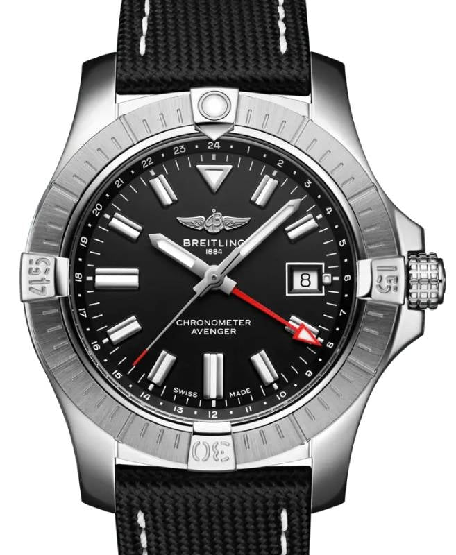 Breitling Avenger Automatic GMT 43 Black Dial Stainless Steel Leather Strap A32397101B1X1 - BRAND NEW
