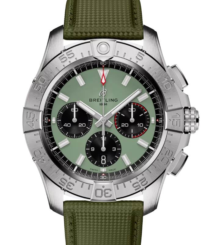 Breitling Avenger B01 Chronograph 44 Stainless Steel Green Dial Leather Strap AB0147101L1X1