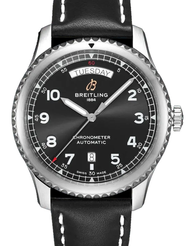Breitling Aviator 8 Automatic Day & Date 41 Stainless Steel 41mm Black Dial Leather Strap A45330101B1X1 - BRAND NEW