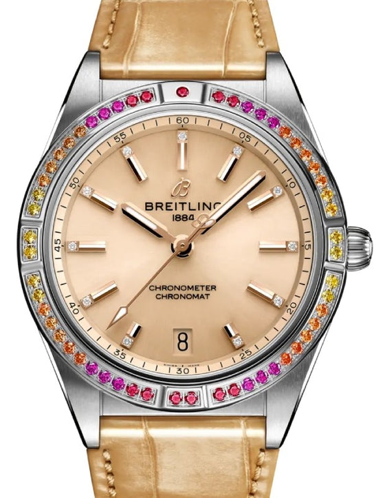 Breitling Chronomat Automatic 36 South Sea Stainless Steel Gem Set Bezel Beige Diamond Dial Alligator Leather Strap A10380611A1P1 - BRAND NEW