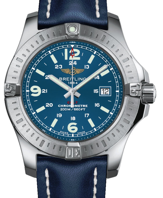 Breitling Colt 44 Quartz Blue Dial Stainless Steel Bezel Leather Strap 44mm A17338811.C907 - BRAND NEW