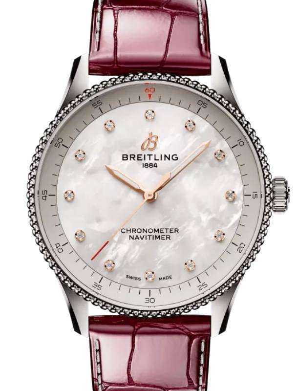 Breitling Navitimer 32 Stainless Steel Mother of Pearl Diamond Dial Leather Strap A77320E61A2P2
