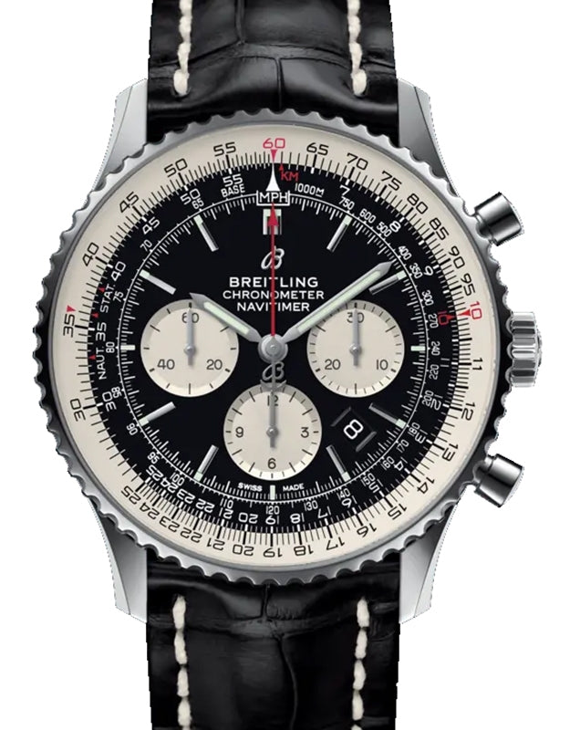 Breitling Navitimer B01 Chronograph 46 Stainless Steel 46mm Black Dial Alligator Leather Strap AB0127211B1P1 - BRAND NEW