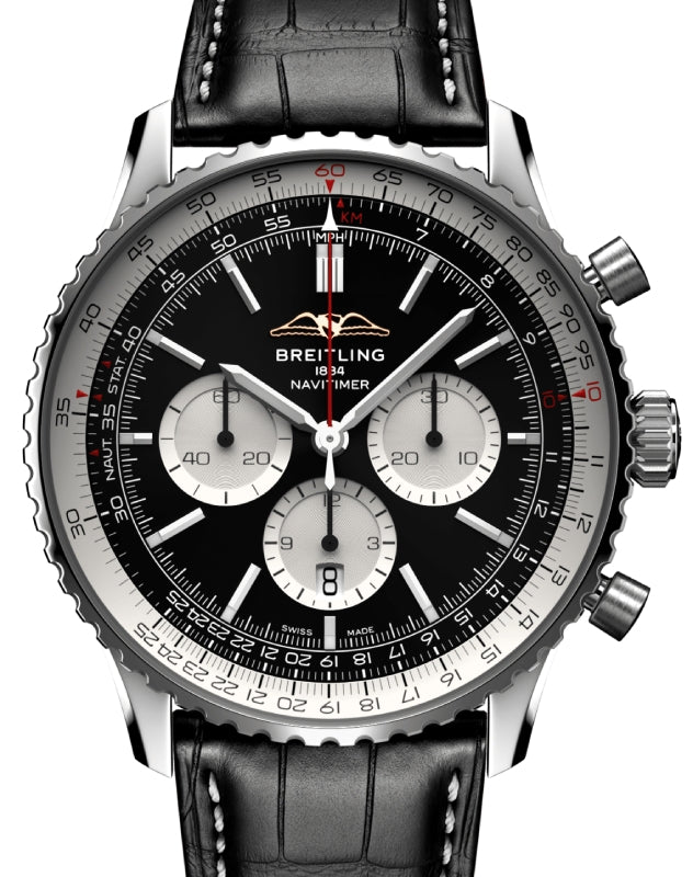 Breitling Navitimer B01 Chronograph 46 Stainless Steel Black Dial Leather Strap AB0137211B1P1 - BRAND NEW