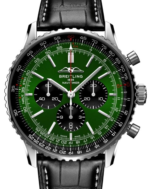Breitling Navitimer B01 Chronograph 46 Stainless Steel Green Dial Leather Strap AB0137241L1P1 - BRAND NEW