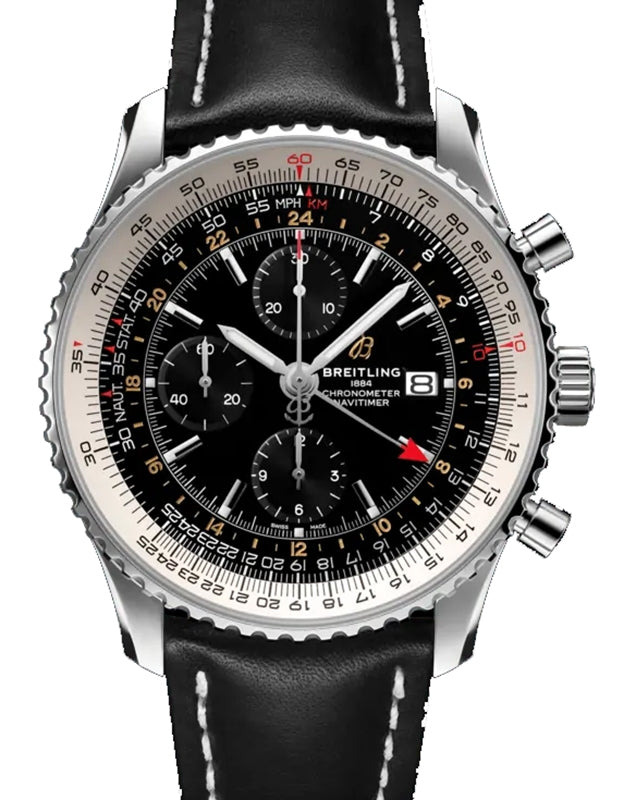 Breitling Navitimer Chronograph GMT 46 Stainless Steel 46mm Black Dial Leather Strap A24322121B2X1 - BRAND NEW