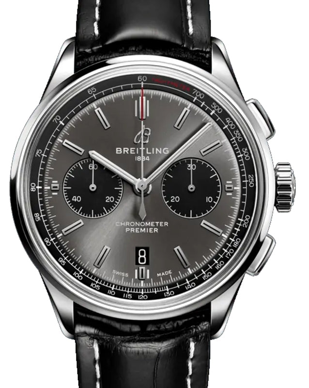 Breitling Premier B01 Chronograph 42 Blackeye Grey Dial Stainless Steel Bezel Leather Bracelet AB0118221.B1P1 - BRAND NEW