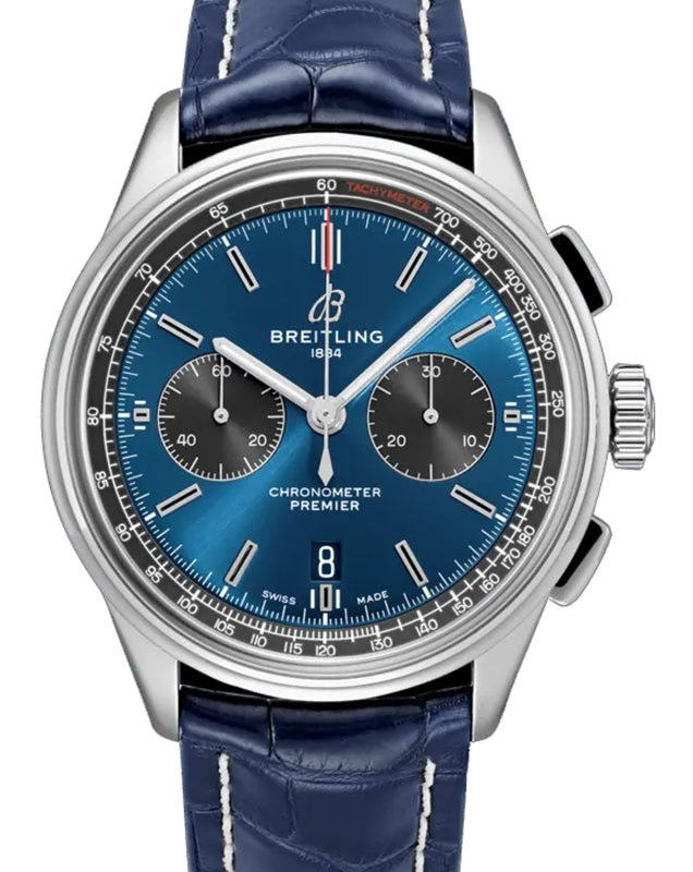 Breitling Premier B01 Chronograph 42 Blue Dial Stainless Steel Bezel Leather Bracelet AB0118A61.C1P1 - BRAND NEW