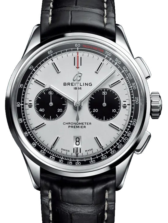 Breitling Premier B01 Chronograph 42 Stainless Steel 42mm Silver Dial Alligator Leather Strap AB0118221G1P1 - BRAND NEW