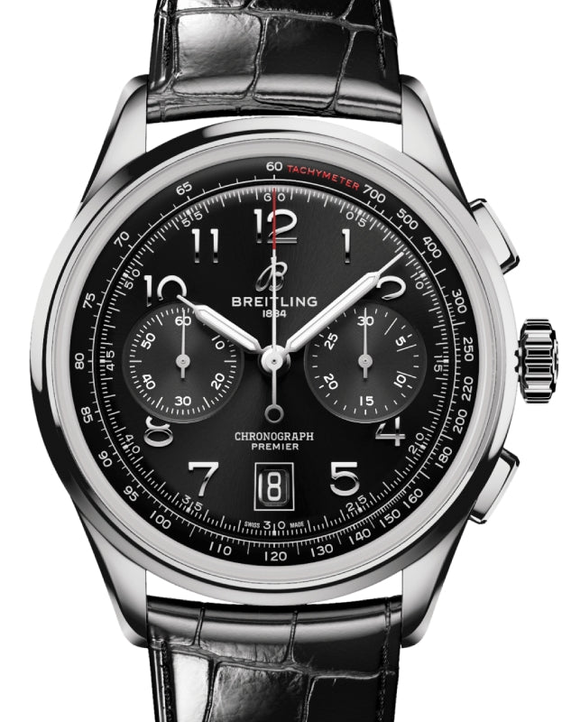 Breitling Premier B01 Chronograph 42 Stainless Steel Black Dial Leather Strap AB0145221B1P1 - BRAND NEW