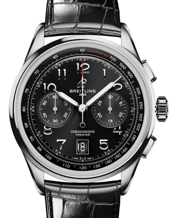 Breitling Premier B01 Chronograph 42 Stainless Steel Black Dial Leather Strap AB0145221B1P1 - BRAND NEW