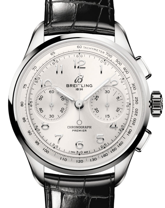Breitling Premier B09 Chronograph 40 Stainless Steel Silver Dial Leather Strap AB0930371G1P1 - BRAND NEW