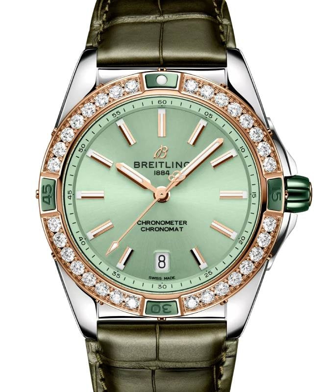 Breitling Super Chronomat Automatic 38 Steel/Red Gold Diamond Bezel Green Dial Leather Strap U17356531L1P1