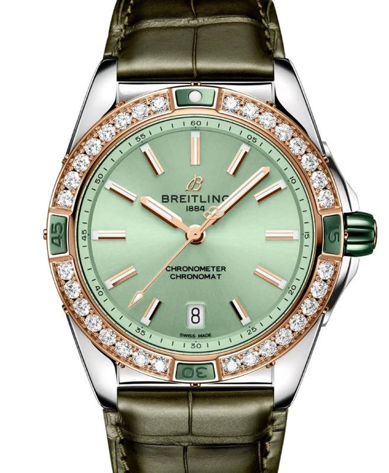 Breitling Super Chronomat Automatic 38 Steel/Red Gold Diamond Bezel Green Dial Leather Strap U17356531L1P1