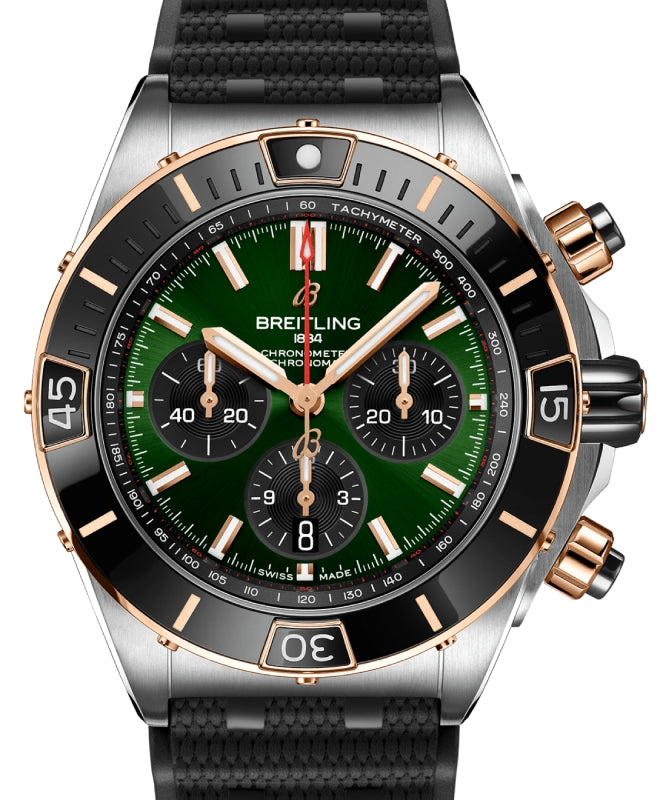 Breitling Super Chronomat B01 44 Stainless Steel/Red Gold Green Dial Rubber Strap UB0136251L1S1 - BRAND NEW
