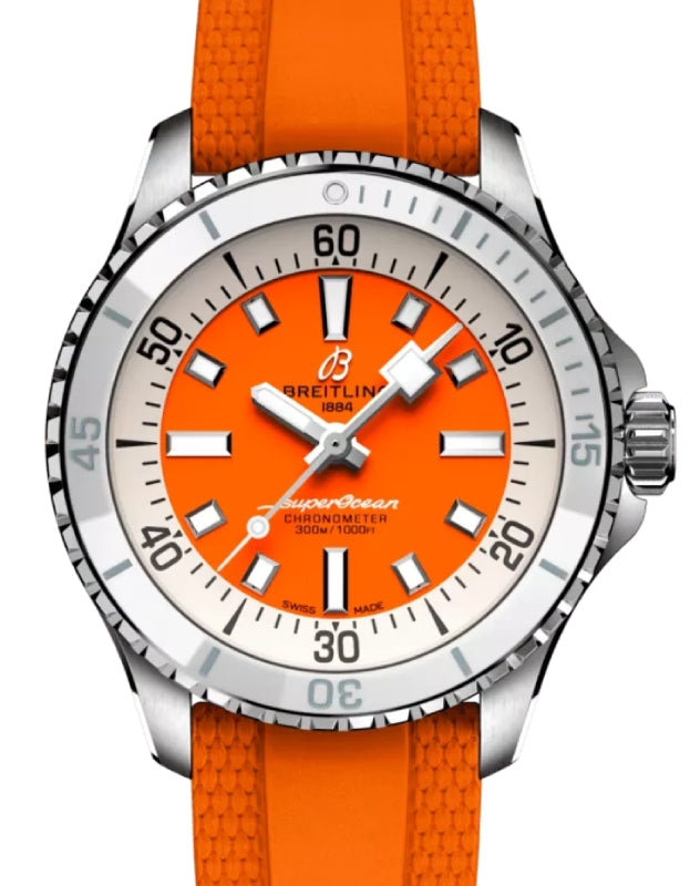 Breitling Superocean Automatic 36 Stainless Steel Orange Dial Rubber Strap A17377211O1S1 - BRAND NEW