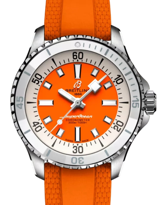 Breitling Superocean Automatic 36 Stainless Steel Orange Dial Rubber Strap A17377211O1S1 - BRAND NEW