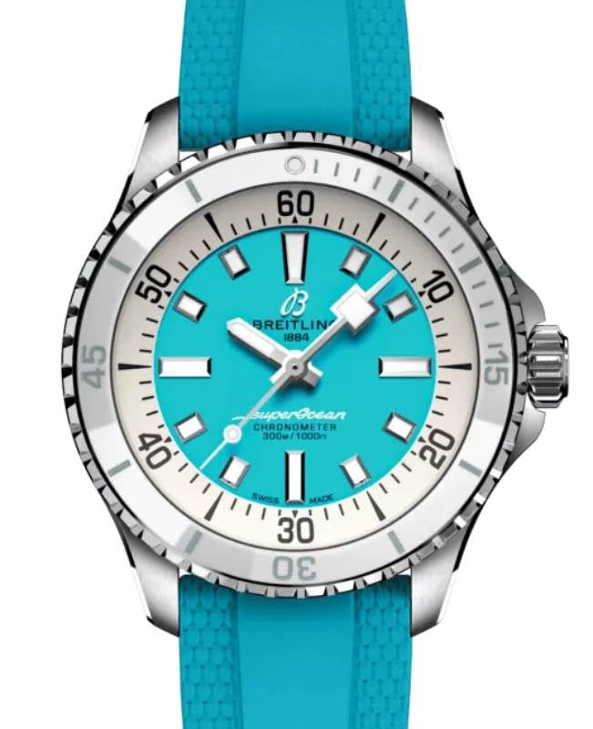 Breitling Superocean Automatic 36 Steel Turquoise Dial Rubber Strap A17377211C1S1