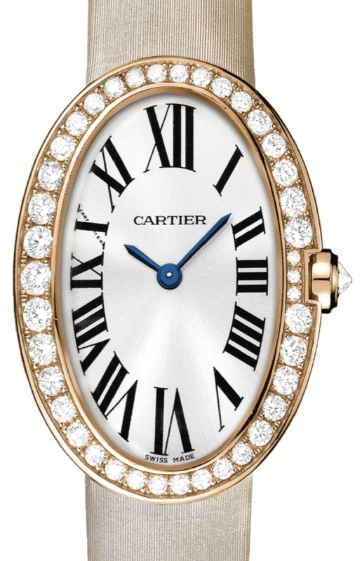 Cartier Baignoire Ladies Watch Small Quartz Rose Gold Diamond Bezel Silver Dial Satin Strap WB520004 - BRAND NEW