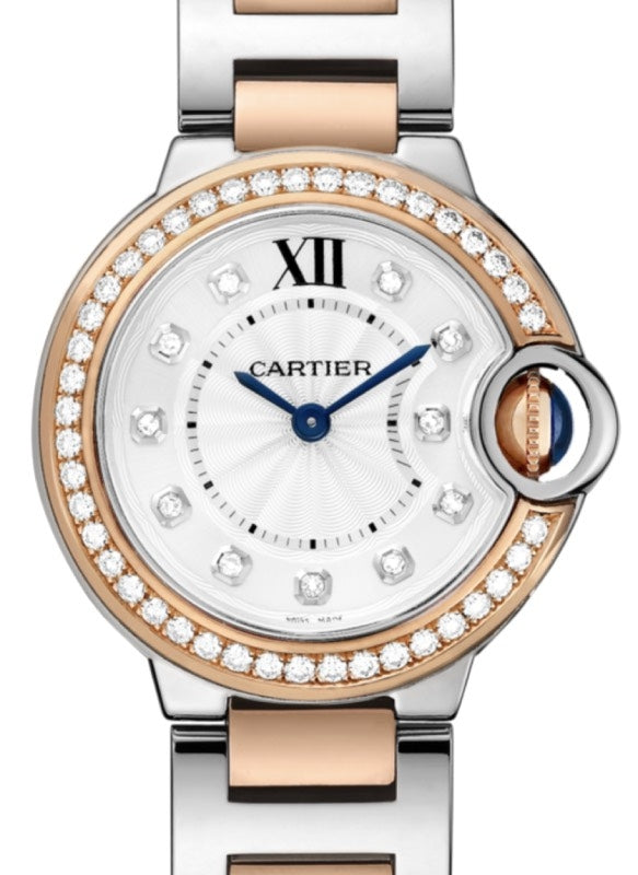 Cartier Ballon Bleu de Cartier Ladies Watch Quartz 28mm Rose Gold Diamonds Silver Diamond Dial W3BB0009