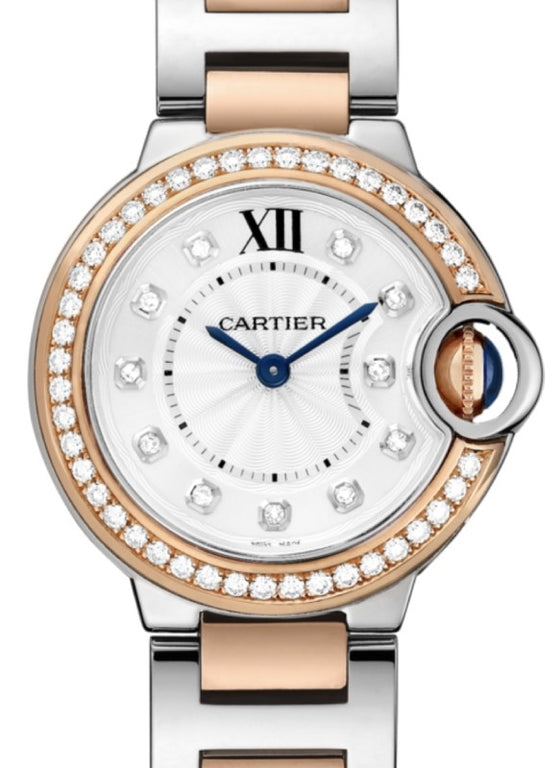 Cartier Ballon Bleu de Cartier Ladies Watch Quartz 28mm Rose Gold Diamonds Silver Diamond Dial W3BB0009