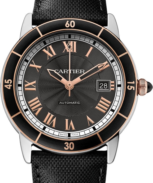 Cartier Ronde Croisi?re De Cartier Watch W2RN0005 Grey Roman Rose Gold & Black Synthetic Bezel Stainless Steel Leather - BRAND NEW