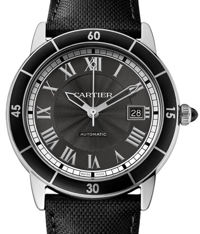 Cartier Ronde Croisi?re De Cartier Watch WSRN0003 Grey Roman Black Synthetic Bezel Stainless Steel Leather - BRAND NEW
