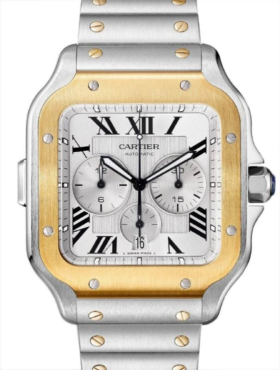 Santos de Cartier Chronograph Extra-Large Steel/Yellow Gold Silver Dial W2SA0008