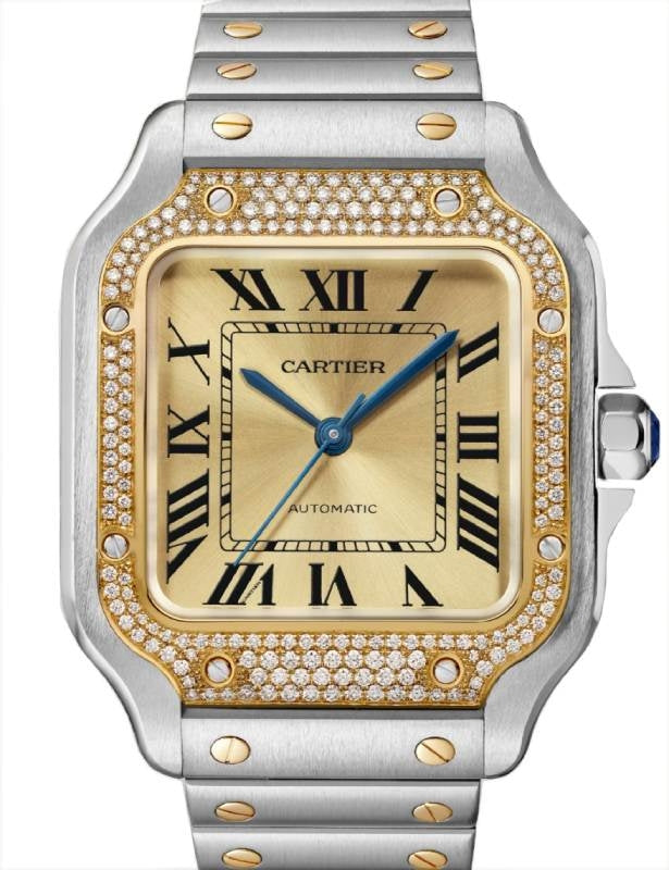 Santos de Cartier Medium Steel/Yellow Gold Diamond Bezel Golden Dial W3SA0007