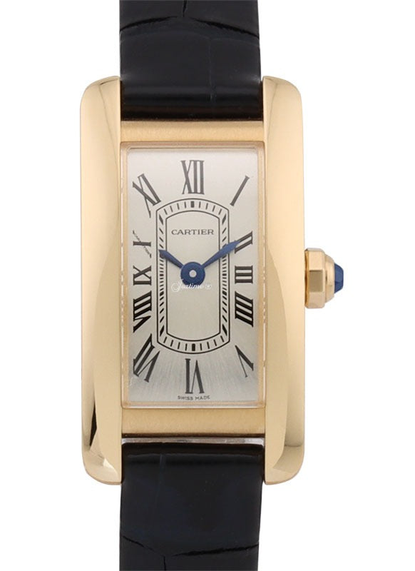 Cartier Tank Americaine Mini Quartz Yellow Gold Silver Dial Leather Strap WGTA0353
