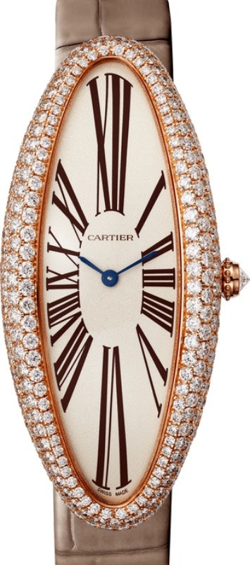 Cartier Baignoire Allong?e Ladies Watch Manual-Winding Extra-Large Rose Gold Diamond Bezel Silver Dial Alligator Leather Strap WJBA0008 - BRAND NEW