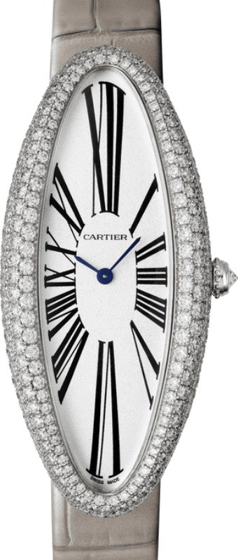 Cartier Baignoire Ladies Watch Extra-Large Manual Winding White Gold Diamond Bezel Silver Dial Alligator Leather Strap WJBA0009 - BRAND NEW