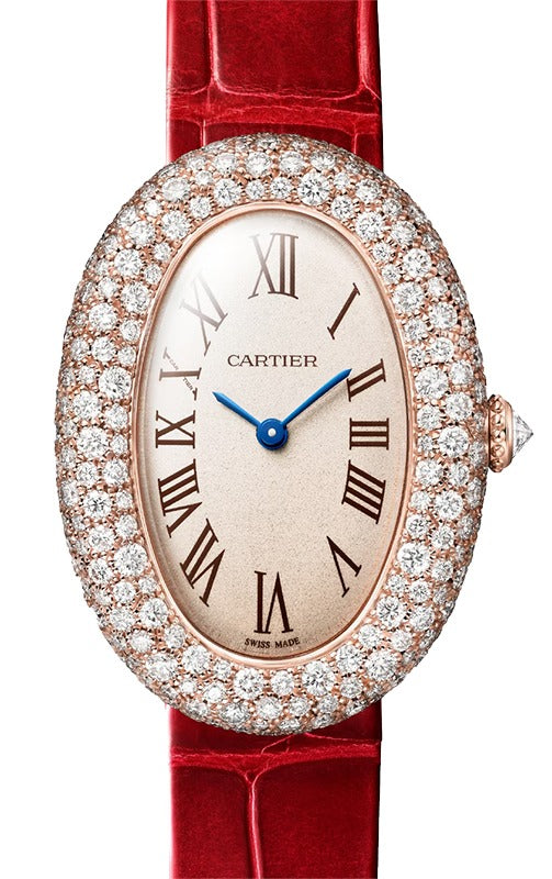 Cartier Baignoire Medium Quartz Rose Gold/Diamonds Silver Dial Leather Strap WJBA0047