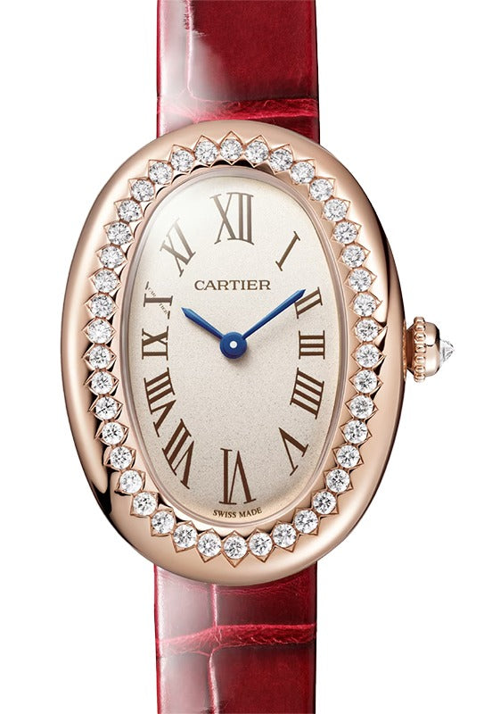 Cartier Baignoire Small Quartz Rose Gold/Diamonds Silver Dial Leather Strap WJBA0053 (WJBA0031)