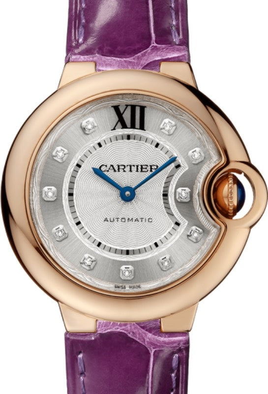Cartier Ballon Bleu de Cartier Ladies Watch Automatic Rose Gold 33mm Silver Diamond Dial Alligator Leather Strap WE902040 - BRAND NEW