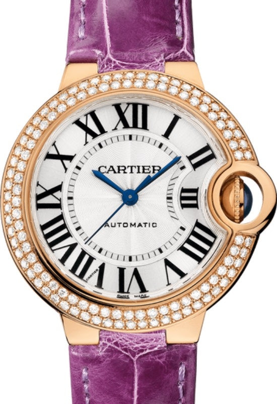 Cartier Ballon Bleu de Cartier Ladies Watch Automatic Rose Gold Diamond Bezel 33mm Silver Dial Alligator Leather Strap WE902036 - BRAND NEW