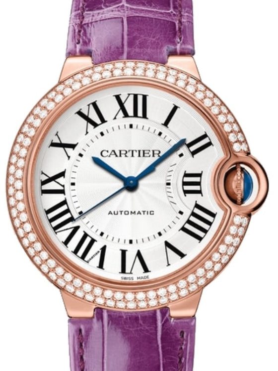 Cartier Ballon Bleu de Cartier 36mm Rose Gold Diamond Bezel Silver Dial Leather Strap WJBB0009