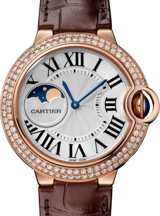 Cartier Ballon Bleu de Cartier Ladies Watch Automatic Rose Gold Diamond Bezel 37mm Silver Dial Alligator Leather Strap WJBB0027 - BRAND NEW
