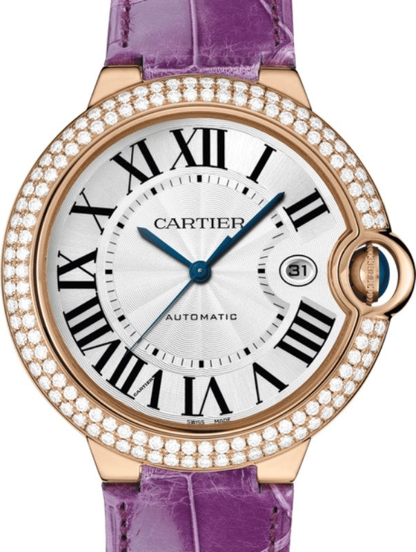 Cartier Ballon Bleu de Cartier Ladies Watch Automatic Rose Gold Diamond Bezel 42mm Silver Dial Alligator Leather Strap WJBB0031 - BRAND NEW