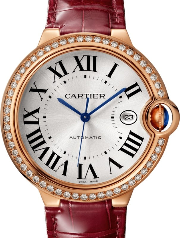 Cartier Ballon Bleu de Cartier Ladies Watch Automatic Rose Gold Diamond Bezel 42mm Silver Dial Alligator Leather Strap WJBB0035 - BRAND NEW